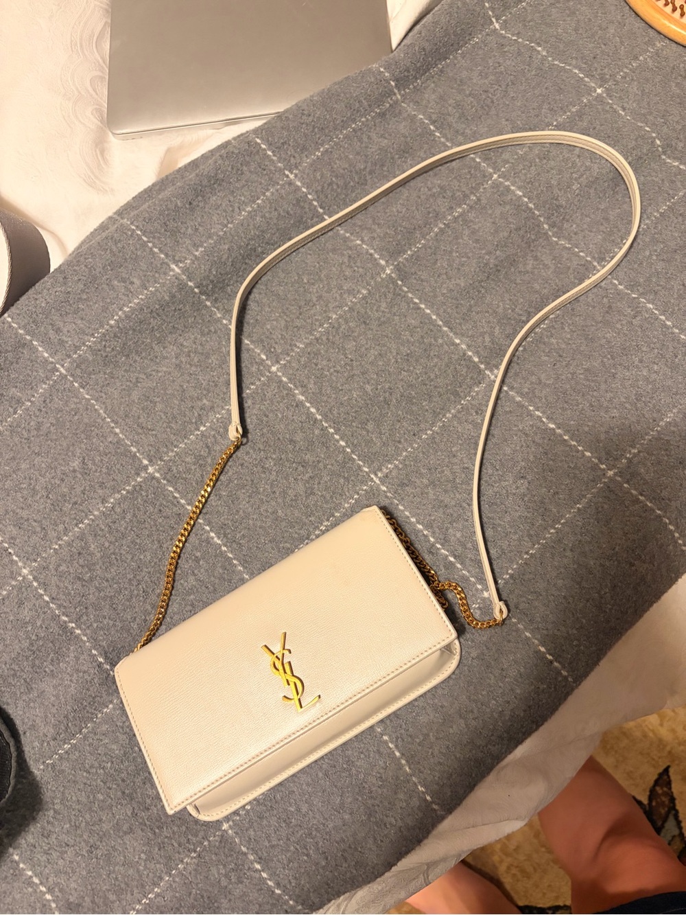 Saint Laurent Ivory Leather Crossbody with Gold YSL Logo. Authentic.
